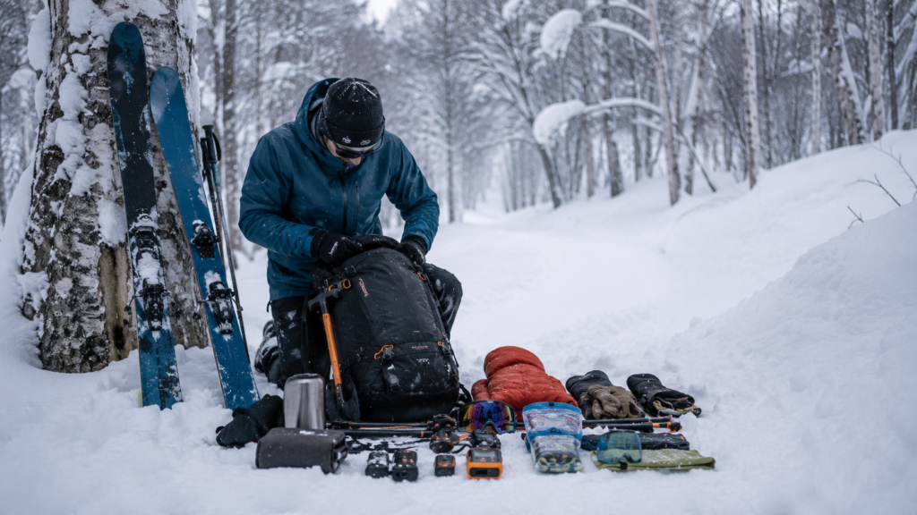 Cómo prepararte para tu primer día de fuera pista en Niseko 2 mochila preparada para un día de fuera pista en Niseko