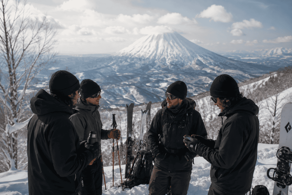 ¿Cómo es un día típico de fuera pista con guía en Niseko? 4 grupo de riders hablando en la nieve
